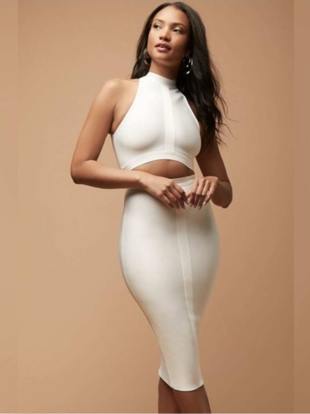 Herve Ledger High-Neck White Cutout Bodycon Midi Dress